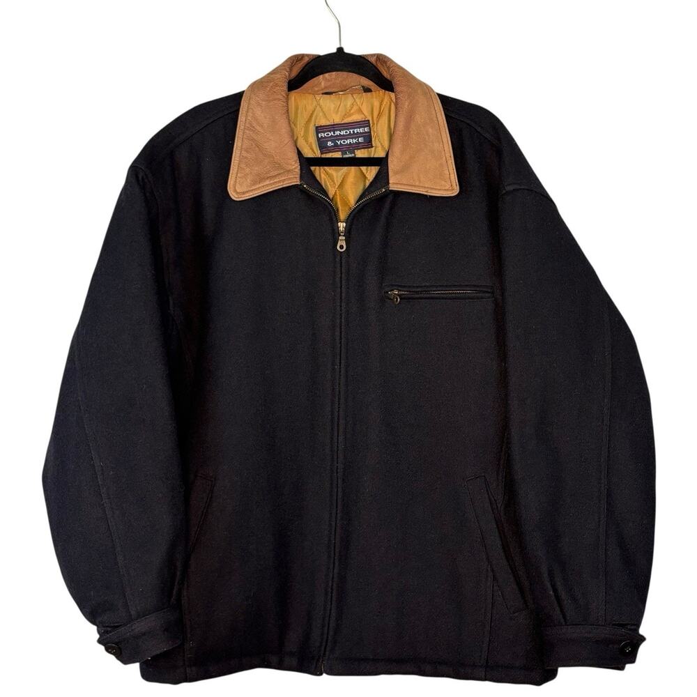 Vintage Mens Chore Barn Coat Wool Blend Leather Quilted Black Size L